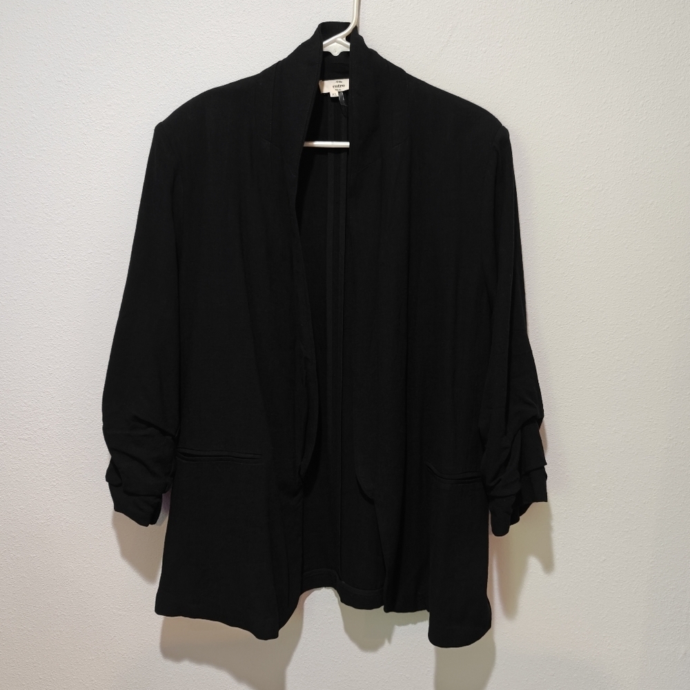 Entro Linen Blend Cardigan XL 3/4 Sleeve Black Shoulder Pads Lightweight